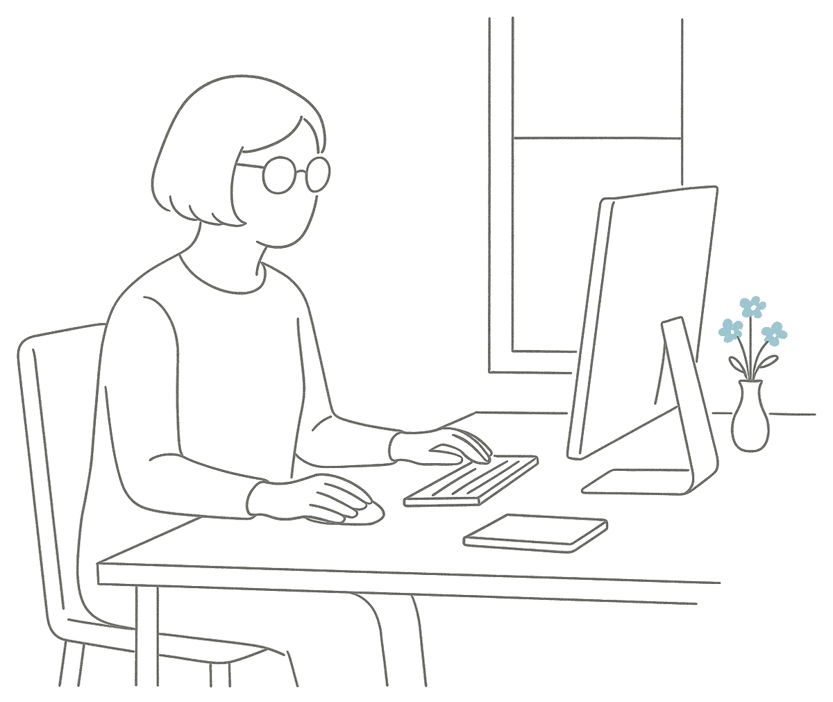 Line drawing of a woman in round glasses sitting at a desk using a desktop computer, with a small vase of blue flowers beside the monitor