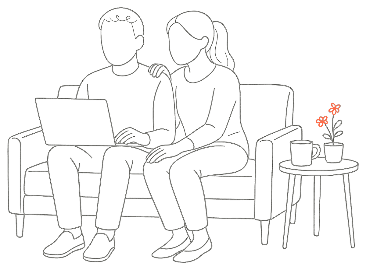 Line drawing of a young couple sitting together on a sofa reading a laptop, with a small pot of orange flowers on a side table beside them