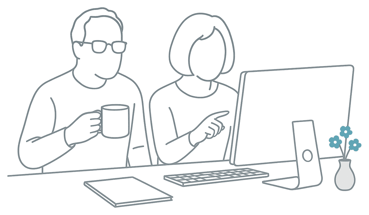 Line drawing of a couple in their fifties sitting side by side at a desk, one pointing at a desktop computer screen, with a vase of blue flowers beside the monitor