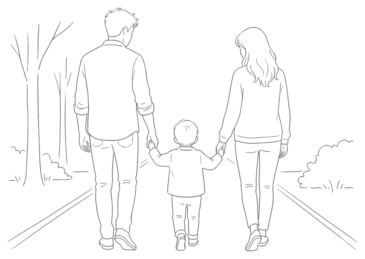 Line drawing of two parents walking along a path with a child holding their hands between them