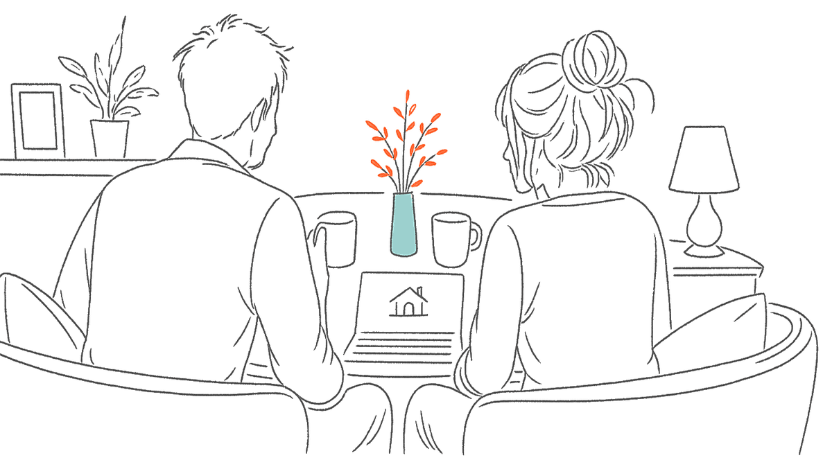 Line drawing of a couple sitting together at home, looking over a document about a house
