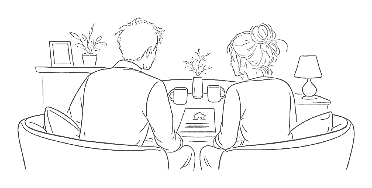 Line drawing of a couple sitting together at home, looking over a document about a house