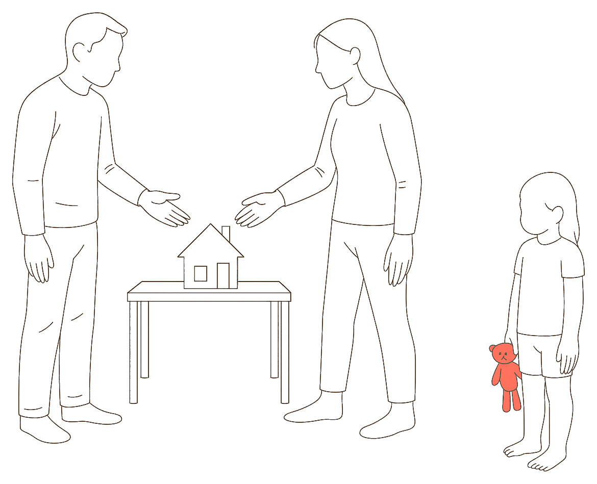 Line drawing of a couple either side of a small house, each quietly claiming it, while a child looks on holding a teddy