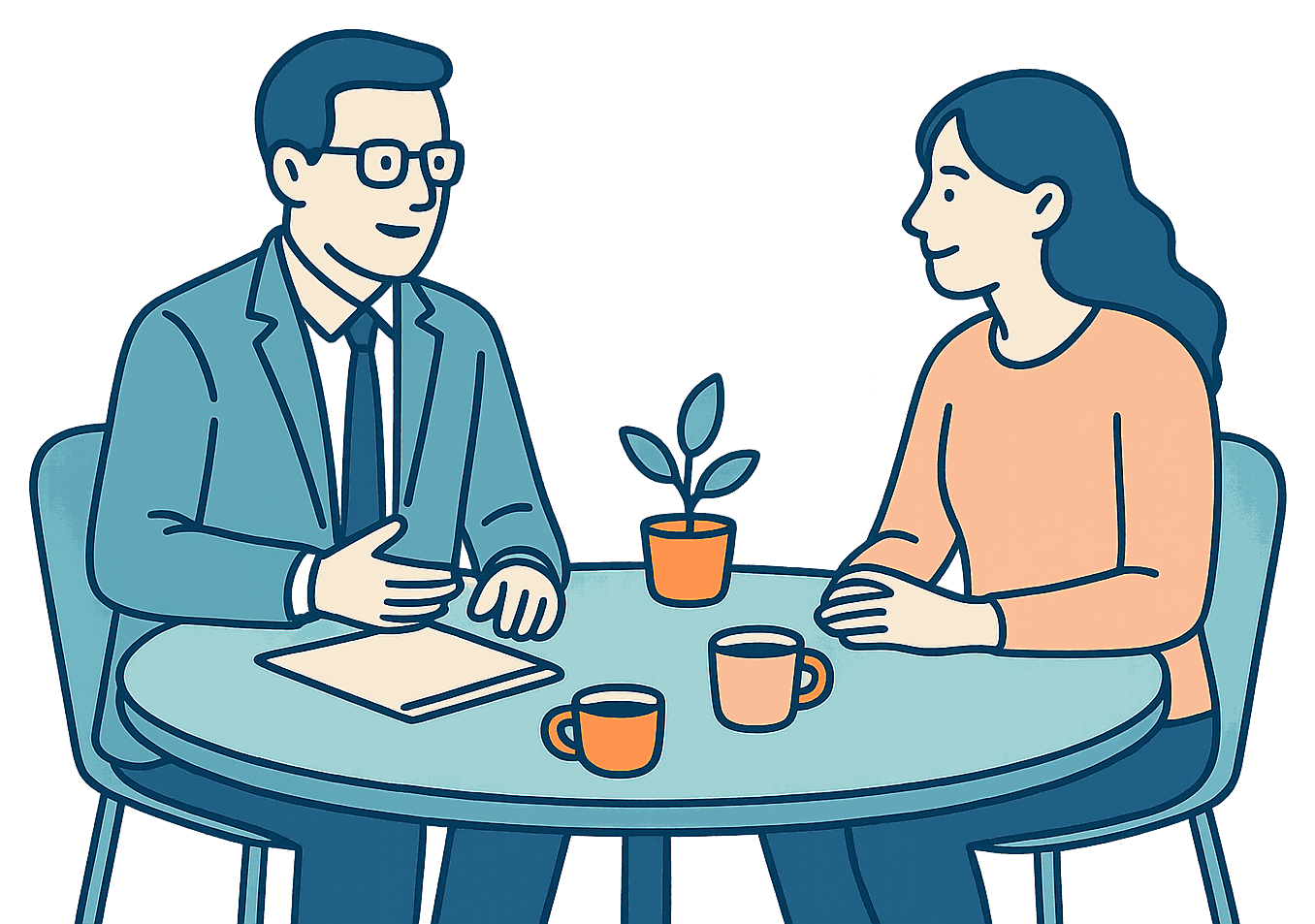 Coloured line drawing of a solicitor and a client talking across a small table