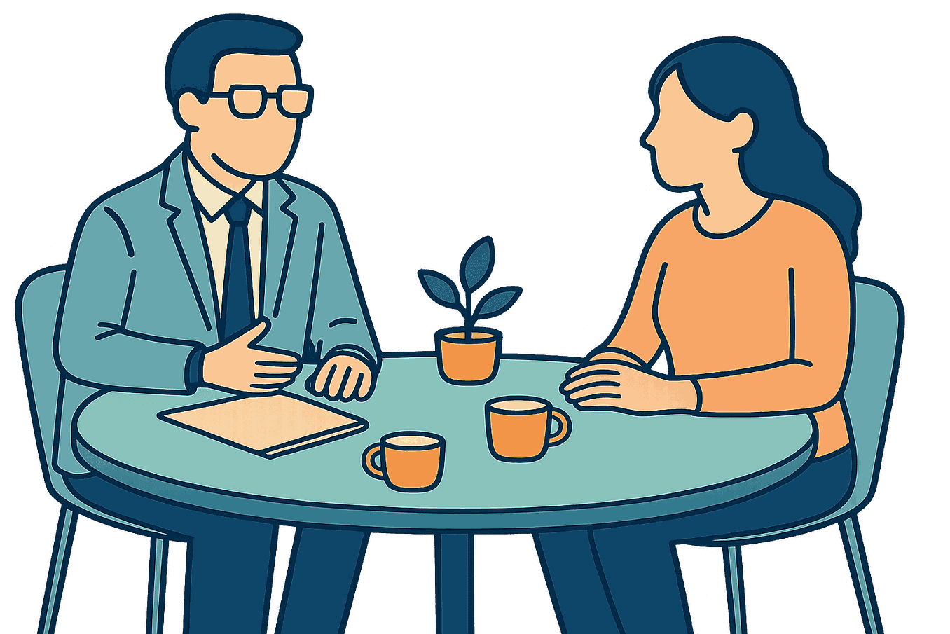 Coloured line drawing of a solicitor and a client talking across a small table