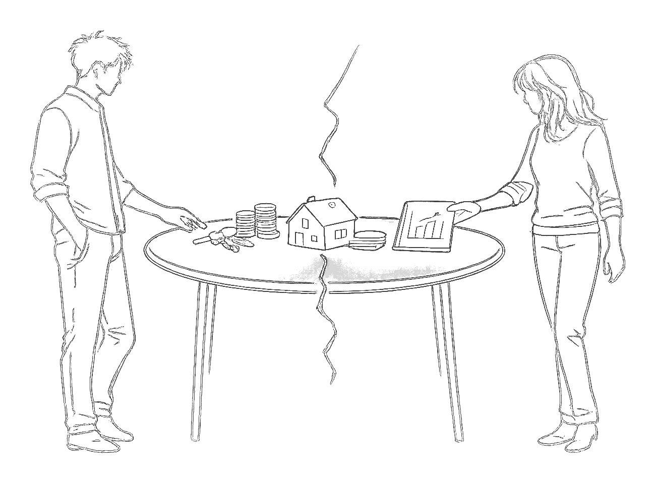 Line drawing of a couple standing either side of a cracked table holding a house, coins, keys and documents