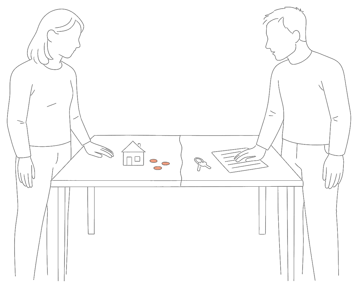 Line drawing of a couple standing either side of a cracked table with a house, coins, keys and documents on it