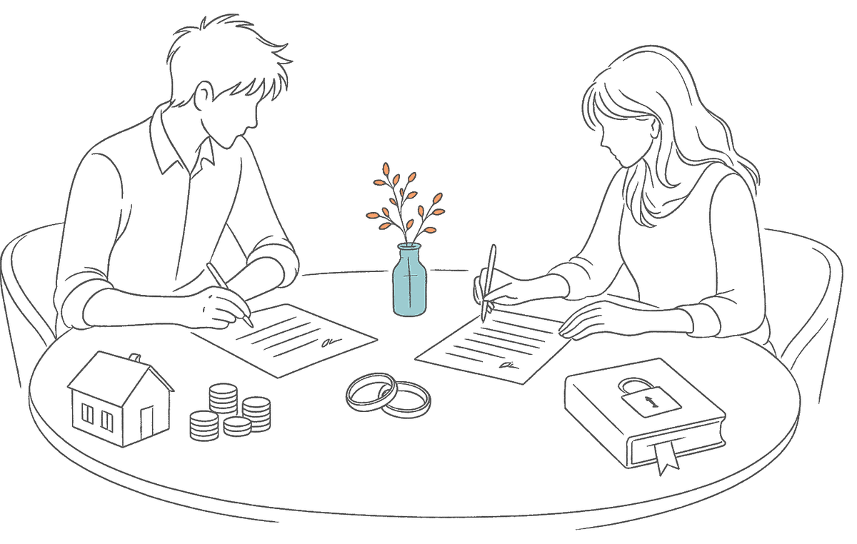 Line drawing of a couple signing agreement documents at a table, wedding rings between them
